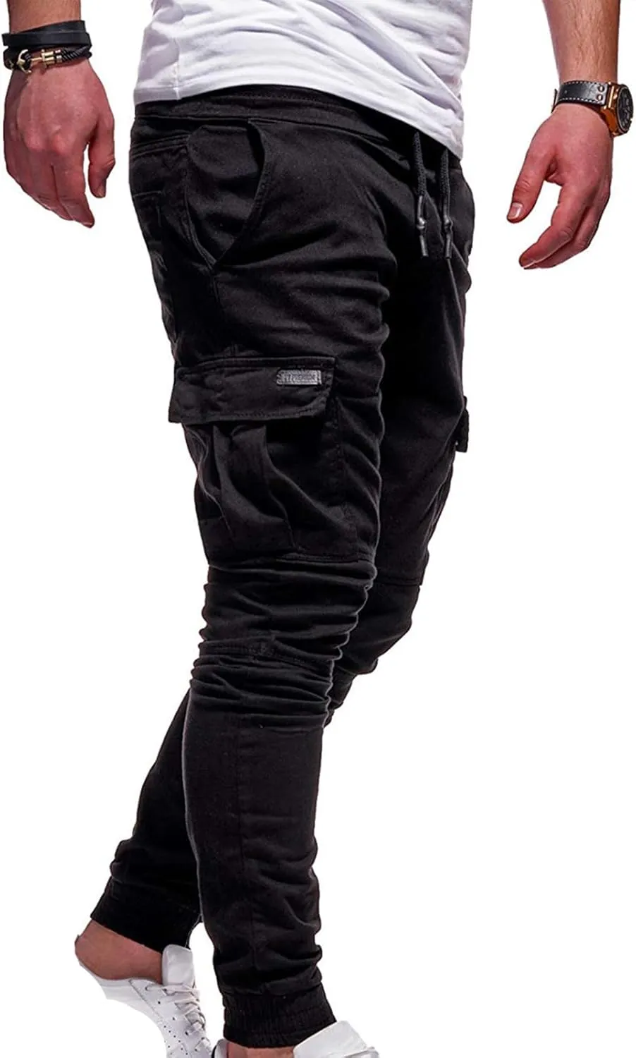 Aymnlox Mens Slim Fit Pants Elastic Waist Drawstring Solid Casual Joggers Sweatpants Fall Classic Workout Tapered Trousers