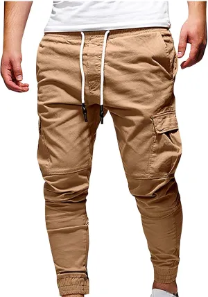 Aymnlox Mens Slim Fit Pants Elastic Waist Drawstring Solid Casual Joggers Sweatpants Fall Classic Workout Tapered Trousers