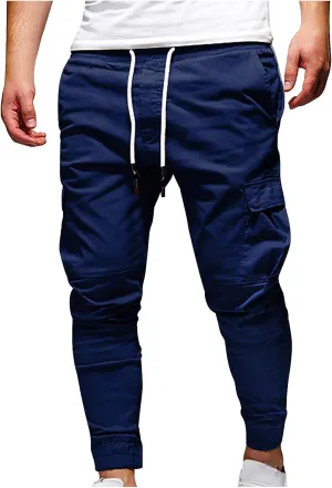 Aymnlox Mens Slim Fit Pants Elastic Waist Drawstring Solid Casual Joggers Sweatpants Fall Classic Workout Tapered Trousers