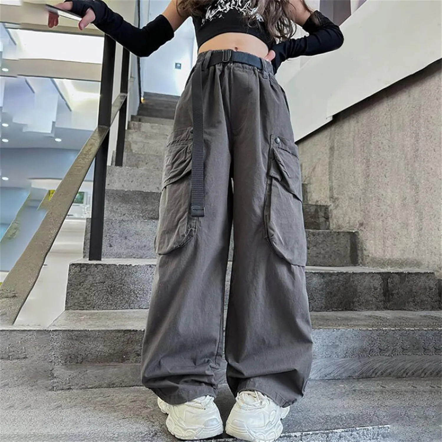 Baggy Cargo Pants for Teen Girls Parachute Pants Wide Leg Pants Kids Joggers Y2k Streetwear Elastic Waist Hiking Pants