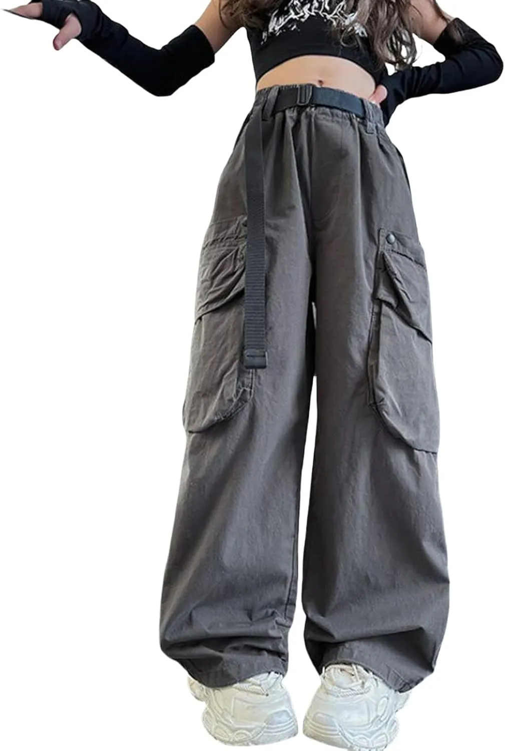 Baggy Cargo Pants for Teen Girls Parachute Pants Wide Leg Pants Kids Joggers Y2k Streetwear Elastic Waist Hiking Pants