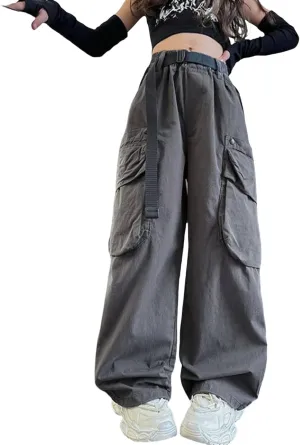 Baggy Cargo Pants for Teen Girls Parachute Pants Wide Leg Pants Kids Joggers Y2k Streetwear Elastic Waist Hiking Pants