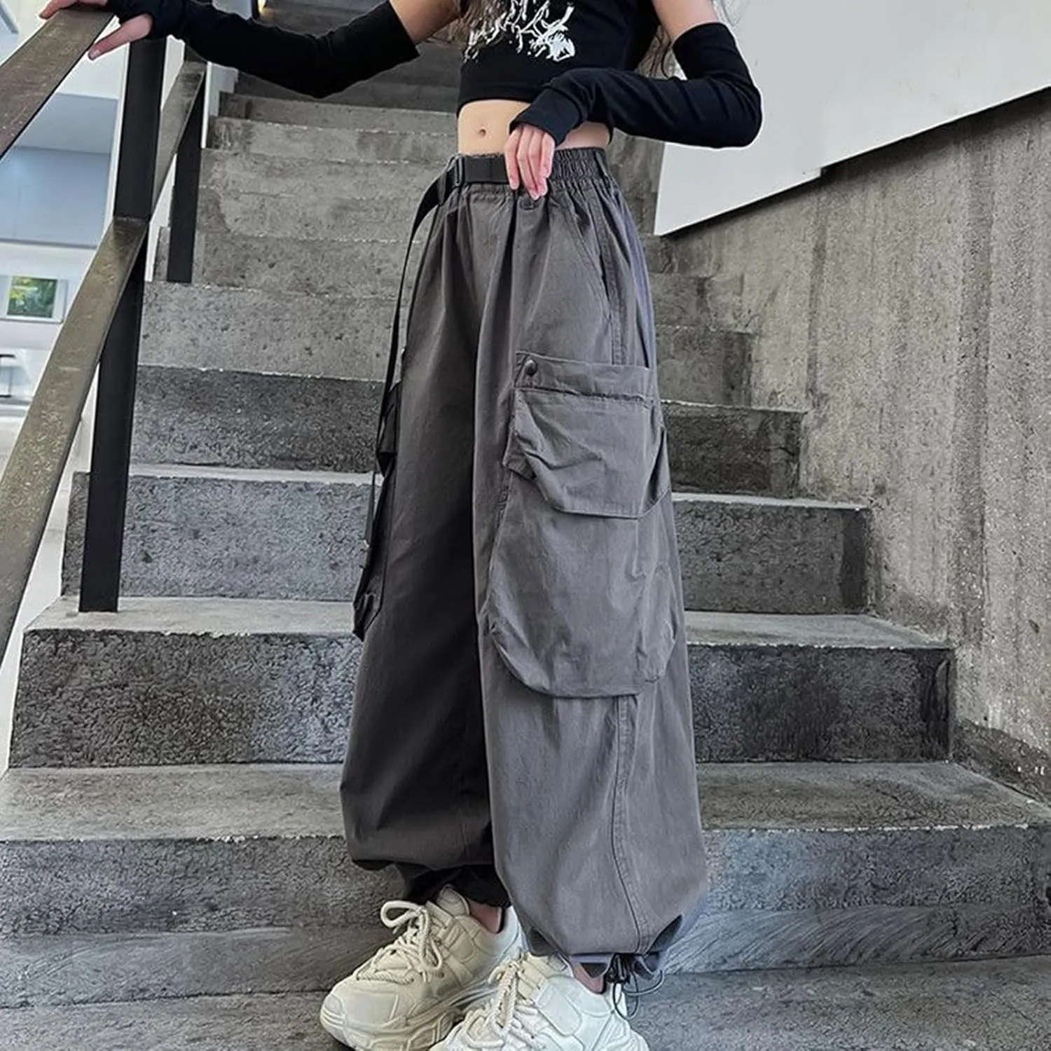 Baggy Cargo Pants for Teen Girls Parachute Pants Wide Leg Pants Kids Joggers Y2k Streetwear Elastic Waist Hiking Pants