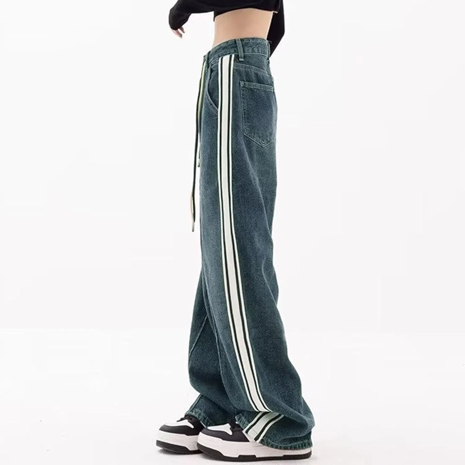 Baggy Jeans for Women Casual Loose Solid Button High Waisted Trendy Stretchy Wide Leg Denim Pants with Pockets