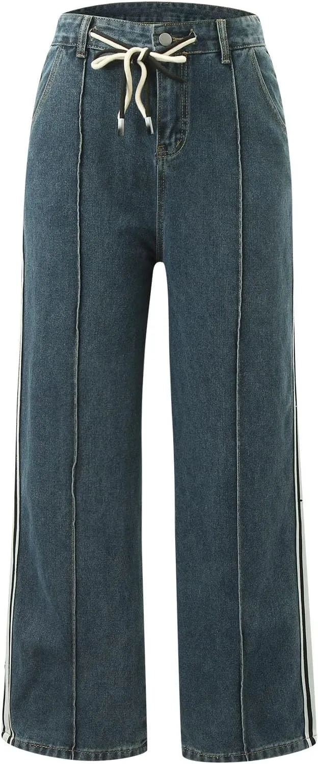 Baggy Jeans for Women Casual Loose Solid Button High Waisted Trendy Stretchy Wide Leg Denim Pants with Pockets