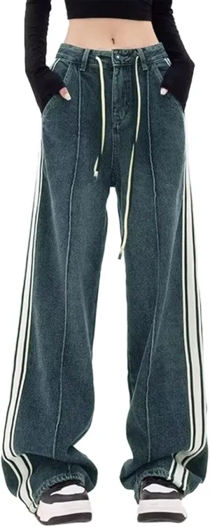 Baggy Jeans for Women Casual Loose Solid Button High Waisted Trendy Stretchy Wide Leg Denim Pants with Pockets