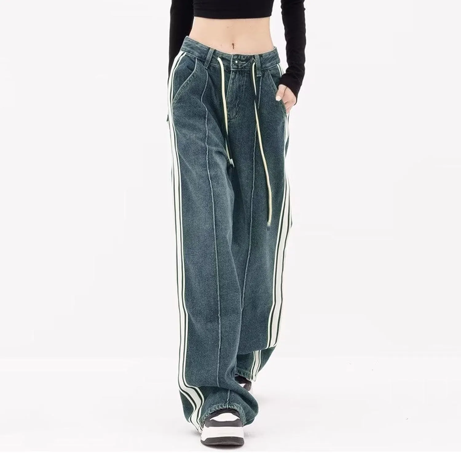 Baggy Jeans for Women Casual Loose Solid Button High Waisted Trendy Stretchy Wide Leg Denim Pants with Pockets