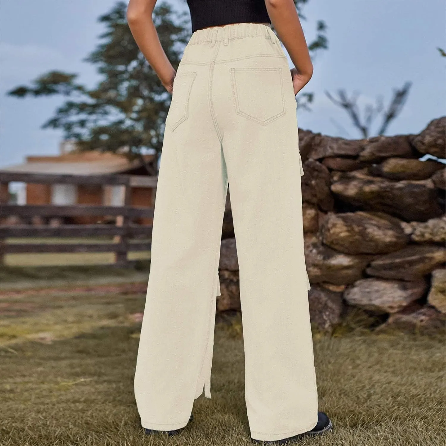 Baggy Jeans for Women Y2K Stretch High Waisted Straight Wide Leg Denim Jeans Pants Trousers Drawstring Flap Pocket