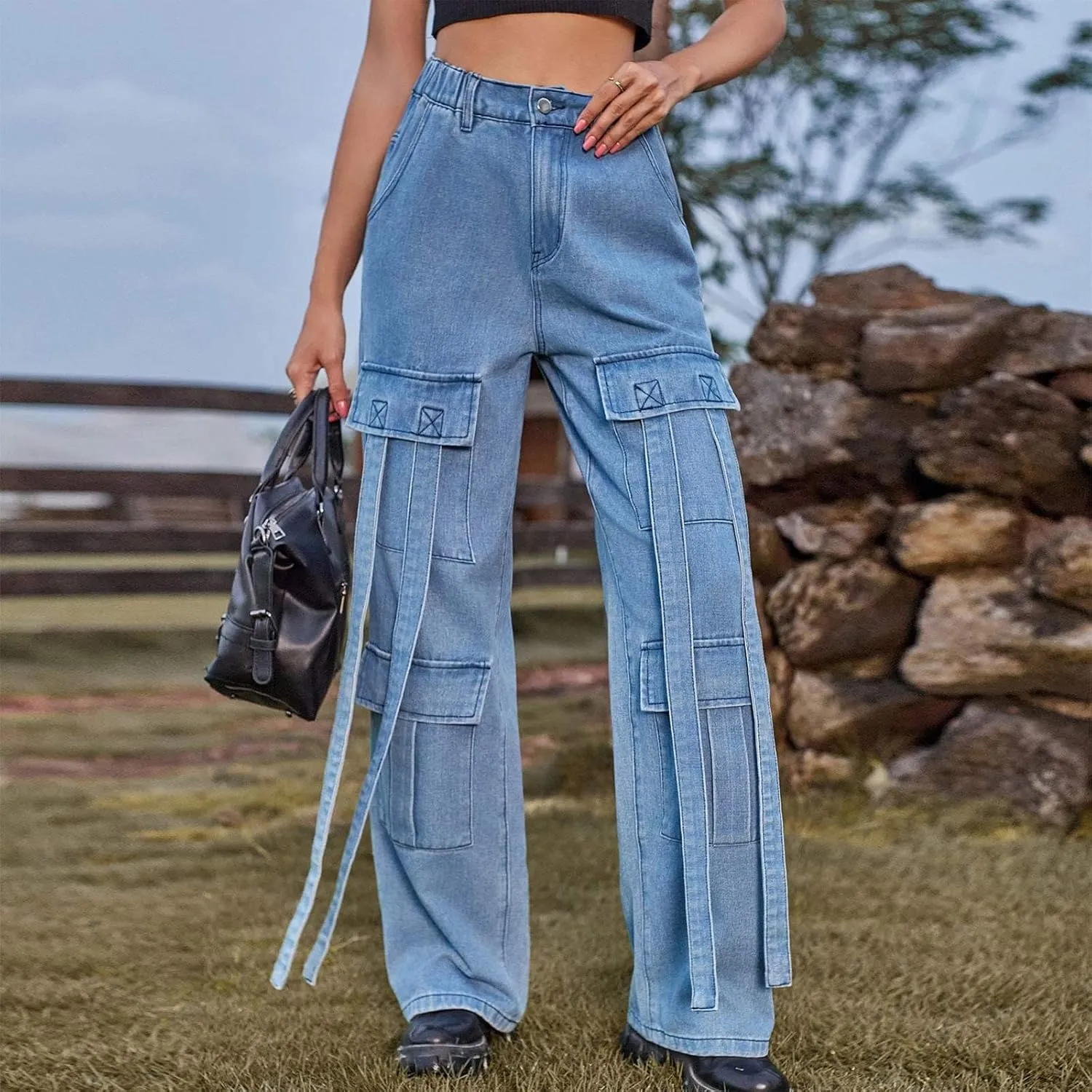 Baggy Jeans for Women Y2K Stretch High Waisted Straight Wide Leg Denim Jeans Pants Trousers Drawstring Flap Pocket