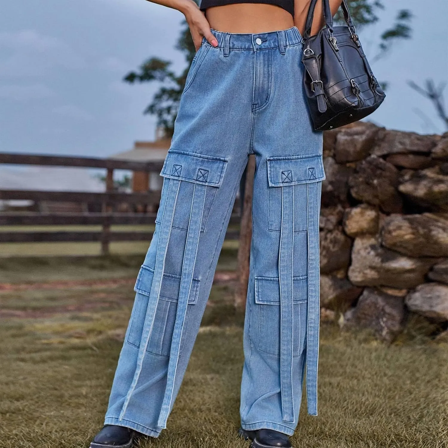 Baggy Jeans for Women Y2K Stretch High Waisted Straight Wide Leg Denim Jeans Pants Trousers Drawstring Flap Pocket