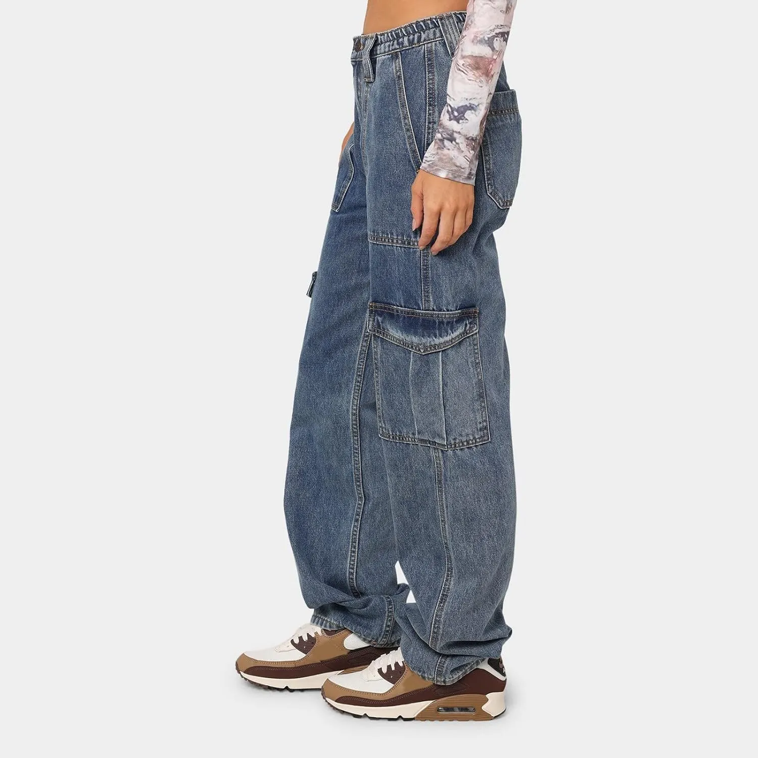 Baggy Jeans for Women Y2K Stretch High Waisted Straight Wide Leg Denim Jeans Pants Trousers Drawstring Flap Pocket