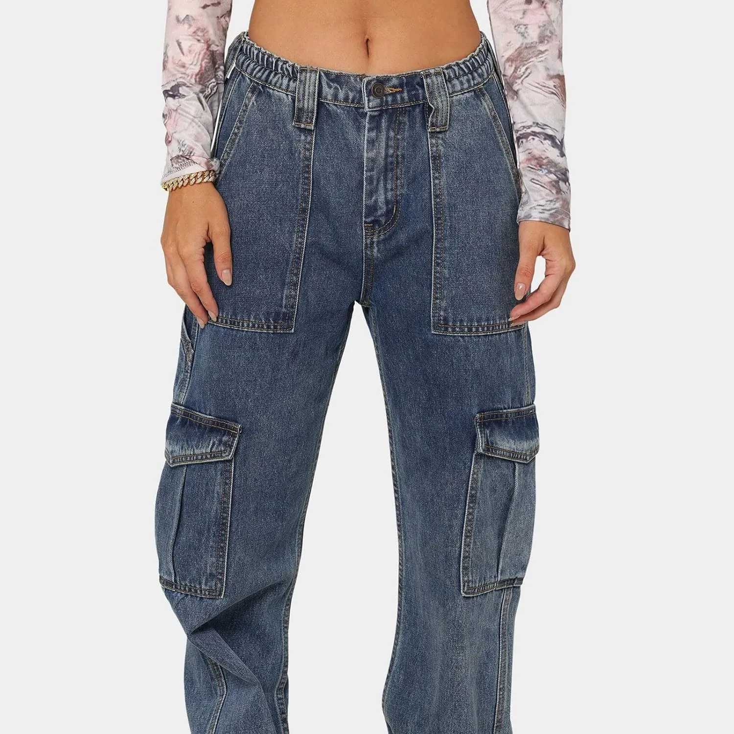 Baggy Jeans for Women Y2K Stretch High Waisted Straight Wide Leg Denim Jeans Pants Trousers Drawstring Flap Pocket
