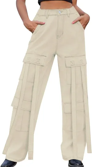 Baggy Jeans for Women Y2K Stretch High Waisted Straight Wide Leg Denim Jeans Pants Trousers Drawstring Flap Pocket