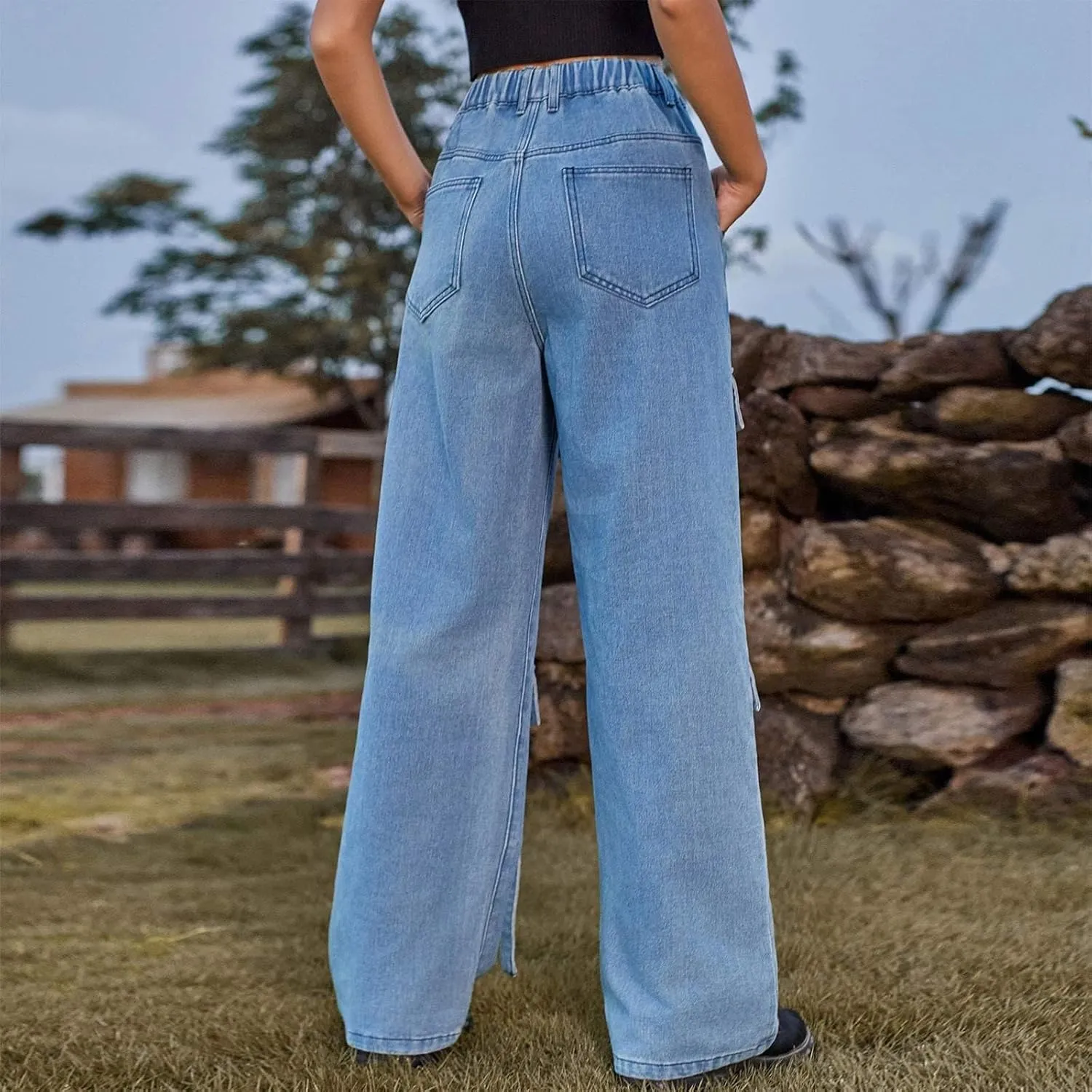 Baggy Jeans for Women Y2K Stretch High Waisted Straight Wide Leg Denim Jeans Pants Trousers Drawstring Flap Pocket