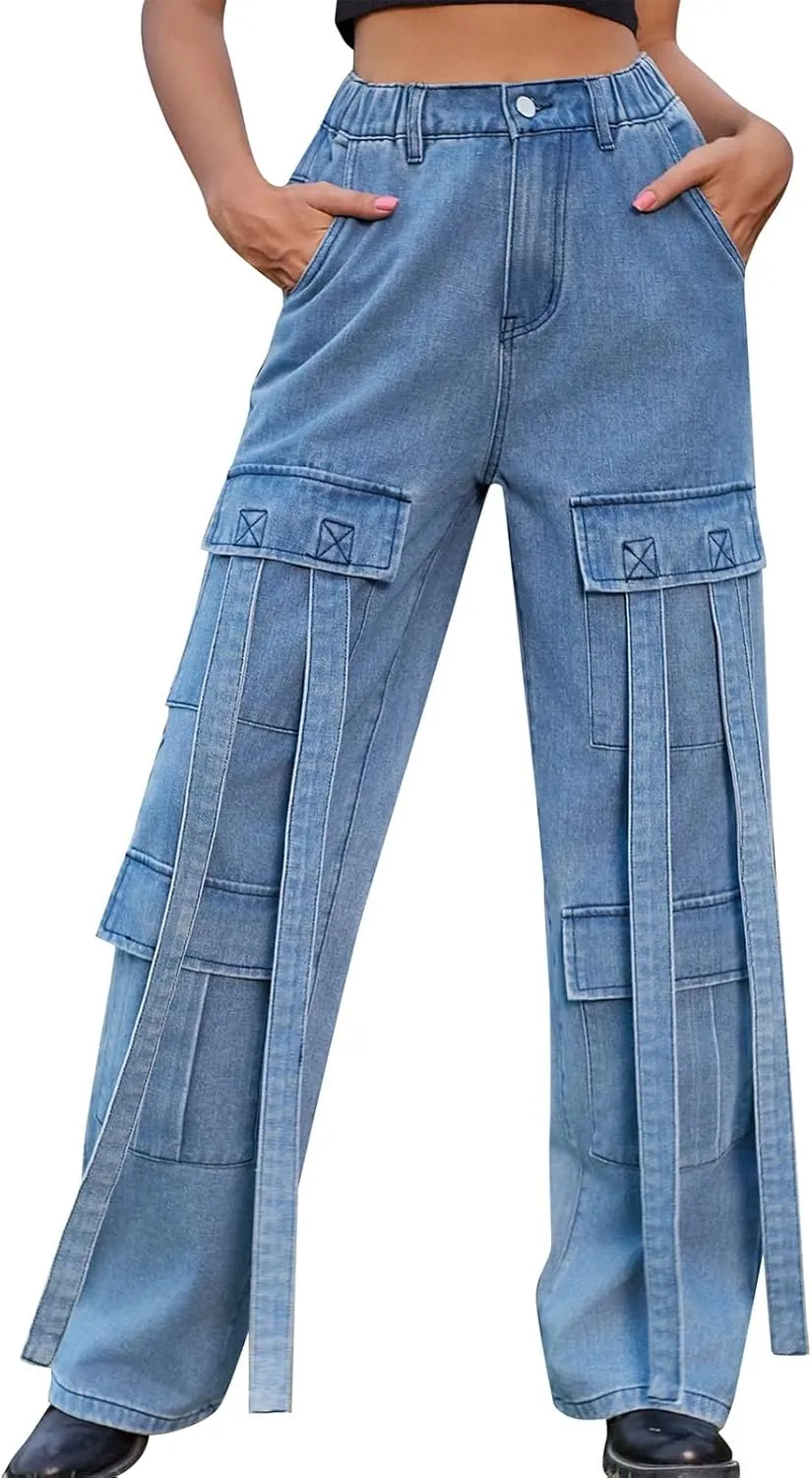 Baggy Jeans for Women Y2K Stretch High Waisted Straight Wide Leg Denim Jeans Pants Trousers Drawstring Flap Pocket