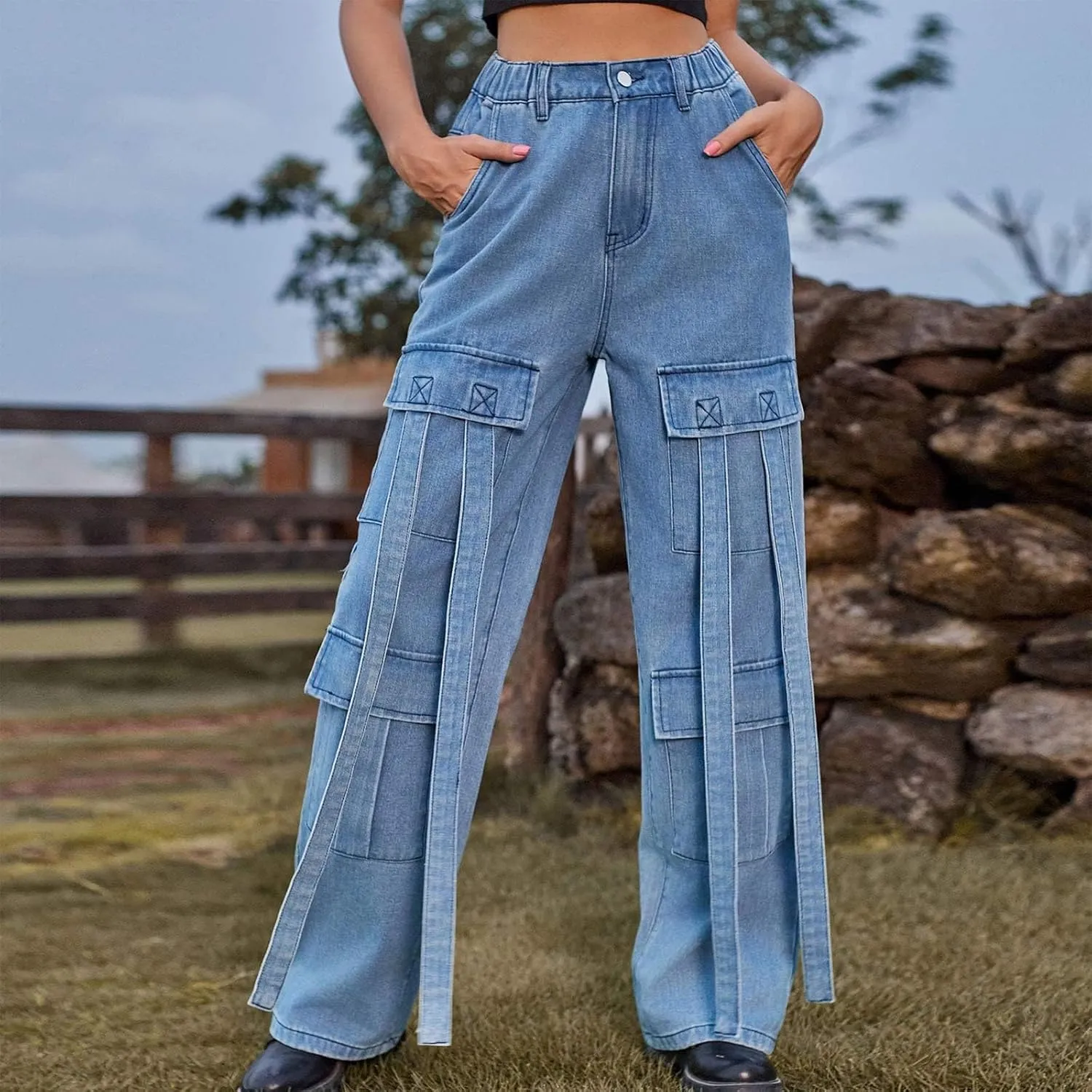 Baggy Jeans for Women Y2K Stretch High Waisted Straight Wide Leg Denim Jeans Pants Trousers Drawstring Flap Pocket