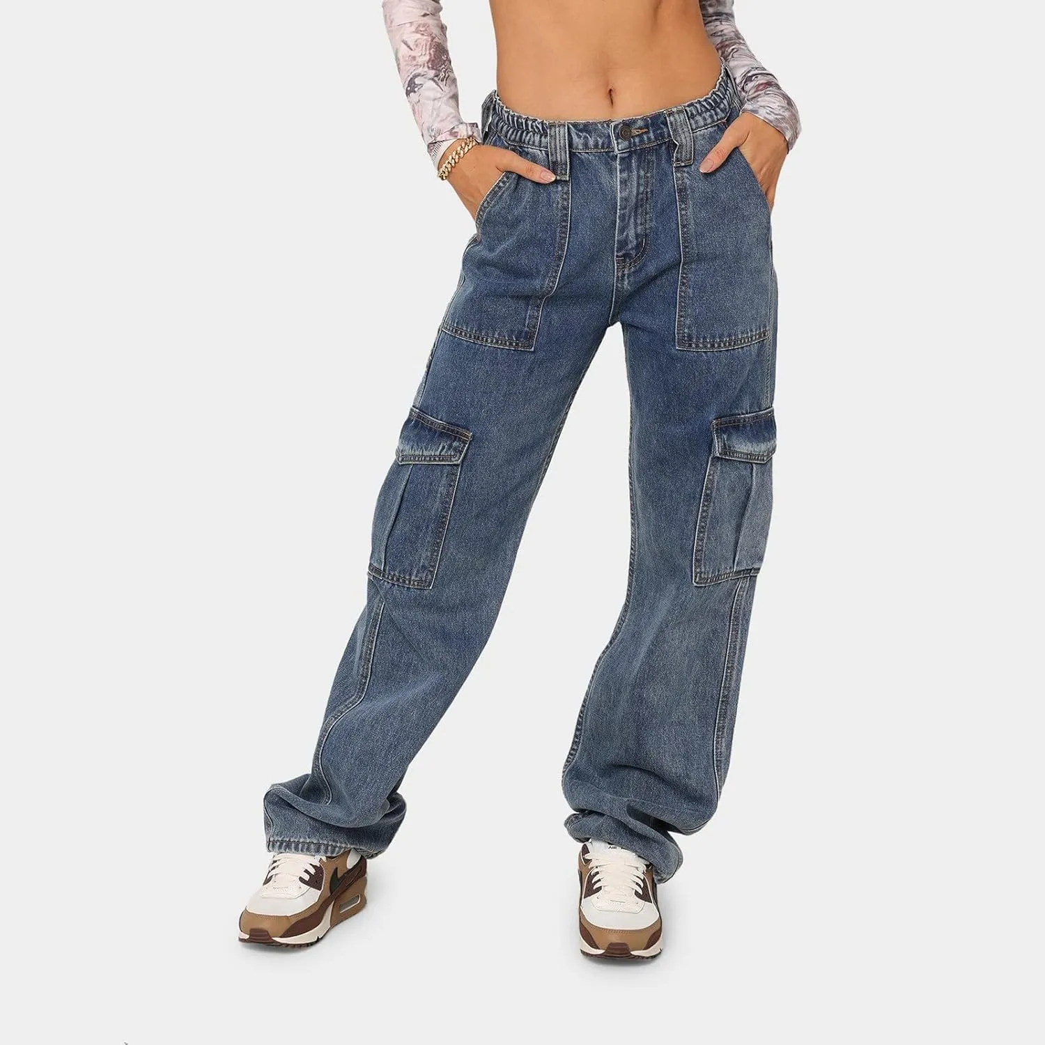 Baggy Jeans for Women Y2K Stretch High Waisted Straight Wide Leg Denim Jeans Pants Trousers Drawstring Flap Pocket