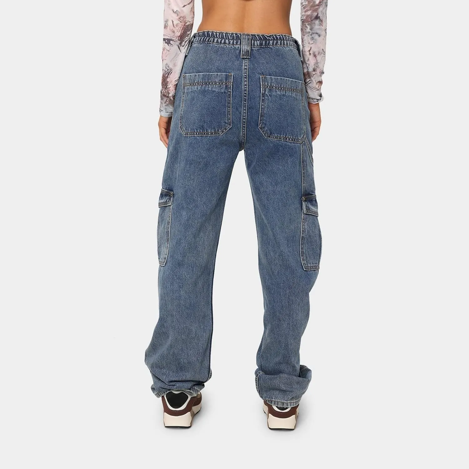 Baggy Jeans for Women Y2K Stretch High Waisted Straight Wide Leg Denim Jeans Pants Trousers Drawstring Flap Pocket