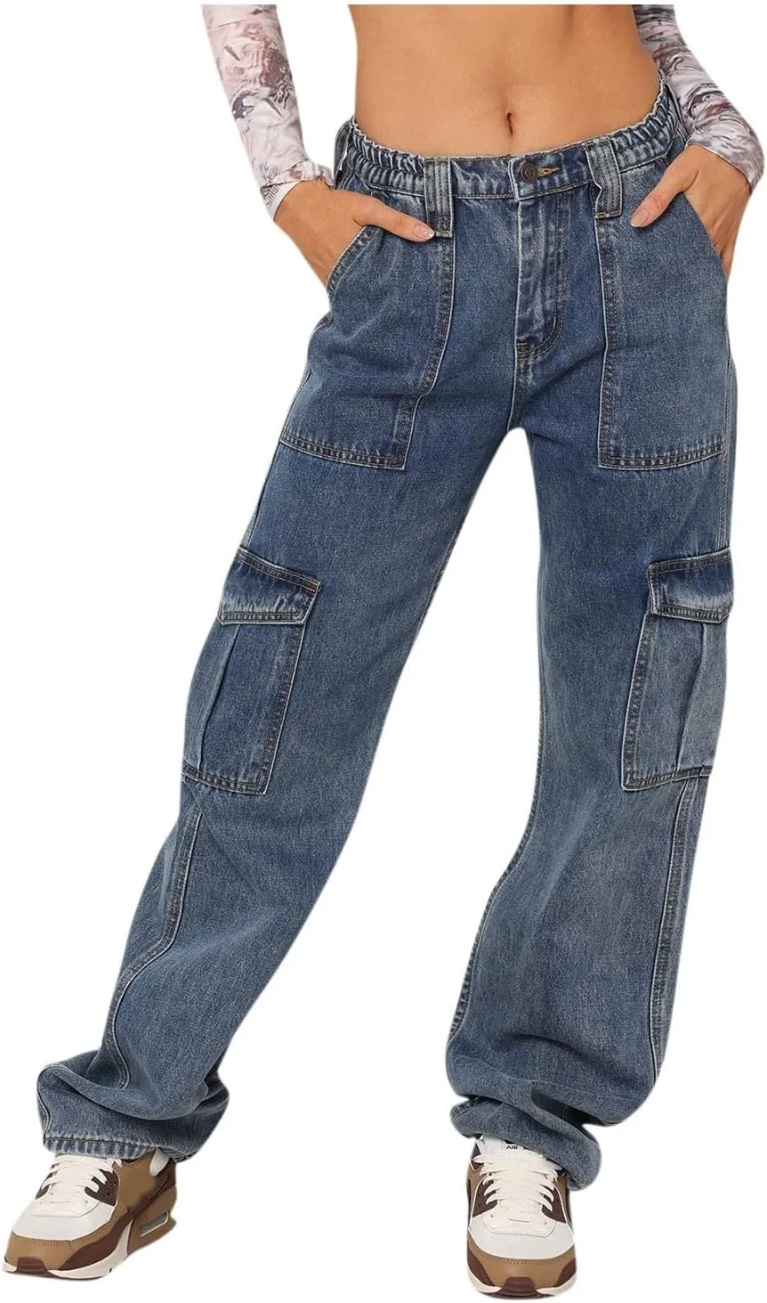 Baggy Jeans for Women Y2K Stretch High Waisted Straight Wide Leg Denim Jeans Pants Trousers Drawstring Flap Pocket