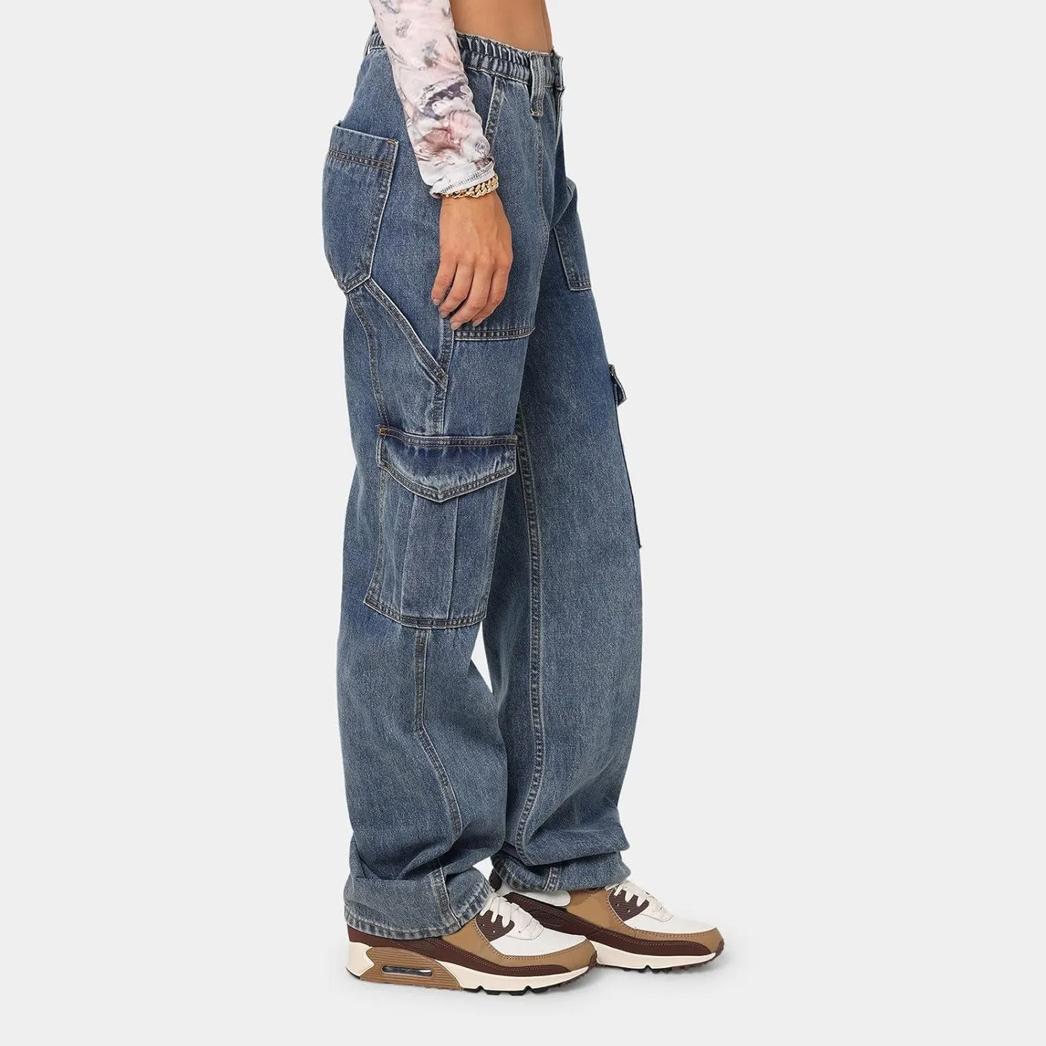 Baggy Jeans for Women Y2K Stretch High Waisted Straight Wide Leg Denim Jeans Pants Trousers Drawstring Flap Pocket