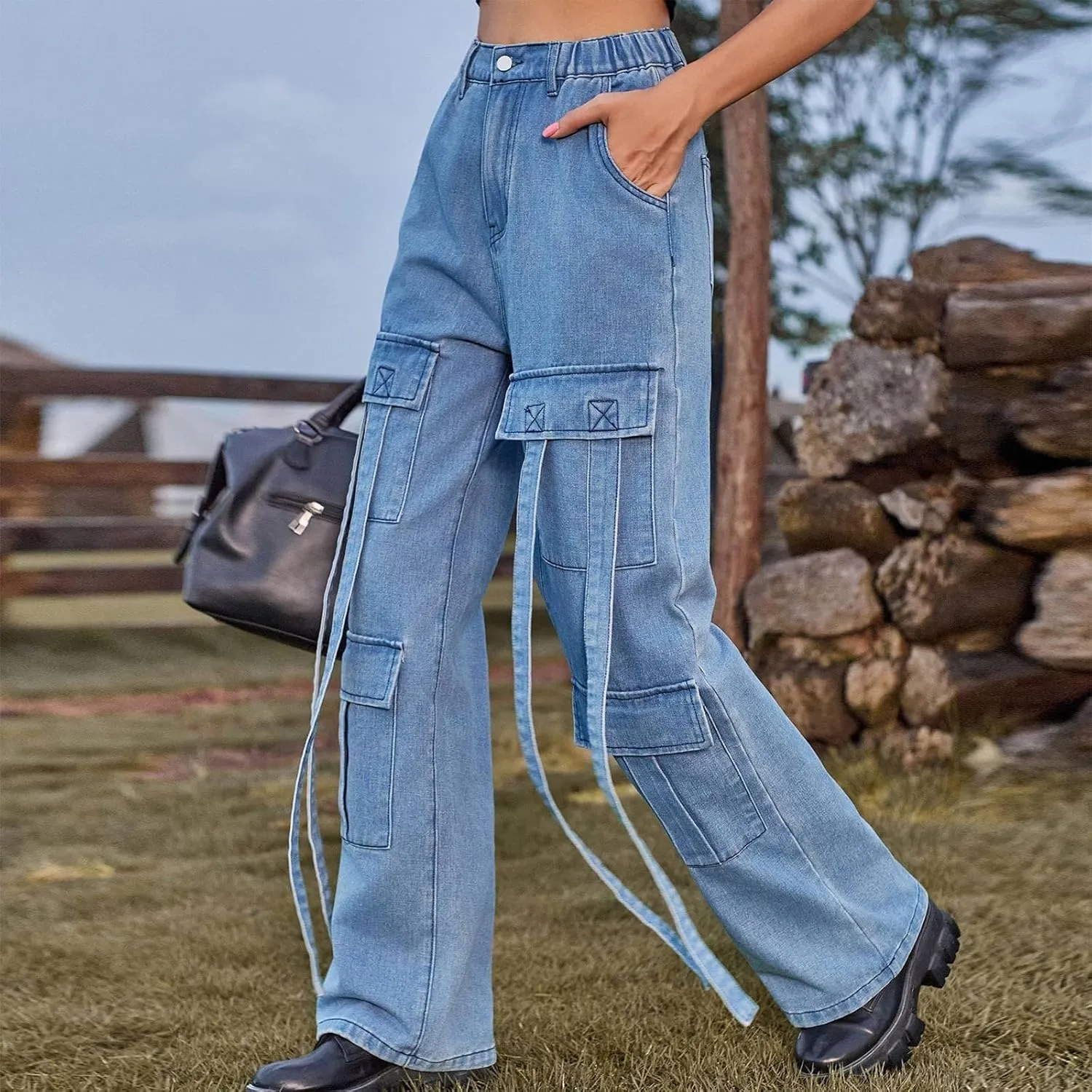 Baggy Jeans for Women Y2K Stretch High Waisted Straight Wide Leg Denim Jeans Pants Trousers Drawstring Flap Pocket