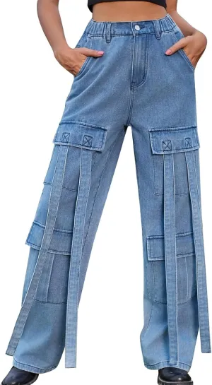 Baggy Jeans for Women Y2K Stretch High Waisted Straight Wide Leg Denim Jeans Pants Trousers Drawstring Flap Pocket