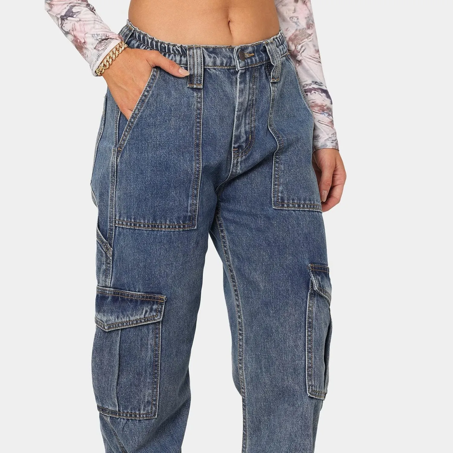Baggy Jeans for Women Y2K Stretch High Waisted Straight Wide Leg Denim Jeans Pants Trousers Drawstring Flap Pocket