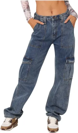 Baggy Jeans for Women Y2K Stretch High Waisted Straight Wide Leg Denim Jeans Pants Trousers Drawstring Flap Pocket