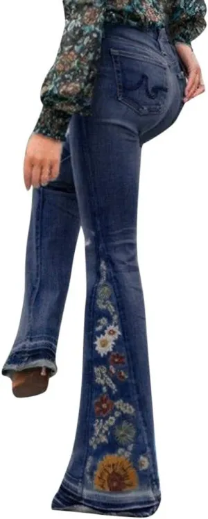 Bell Bottom Jeans High Waisted Stretch Flare Button Fly Wide Leg Jean Embroidery Bootcut Y2K Denim Pants,01-dark Blue,4X-Large
