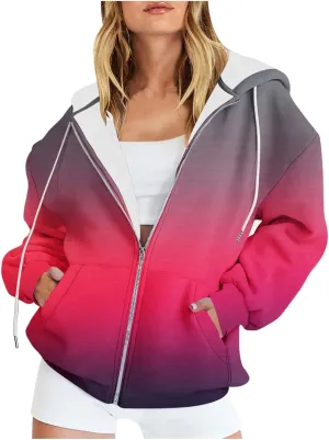 Bidobibo Zip Up Hoodies for Women Gradient Color Pattern Zipper Hooded Plus Size Jacket Long Sleeve Oversized Sweatshirts