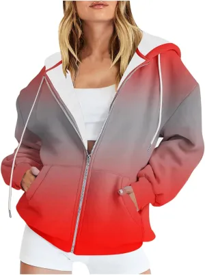 Bidobibo Zip Up Hoodies for Women Gradient Color Pattern Zipper Hooded Plus Size Jacket Long Sleeve Oversized Sweatshirts