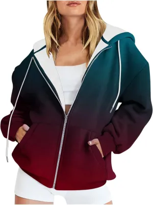 Bidobibo Zip Up Hoodies for Women Gradient Color Pattern Zipper Hooded Plus Size Jacket Long Sleeve Oversized Sweatshirts