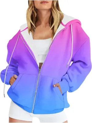 Bidobibo Zip Up Hoodies for Women Gradient Color Pattern Zipper Hooded Plus Size Jacket Long Sleeve Oversized Sweatshirts