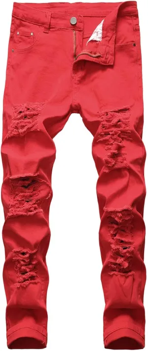 Binmer Men's Ripped Distressed Jeans Straight Fit Washed Denim Jeans Fashion Destroyed Skinny Biker Moto Trousers Plus Size