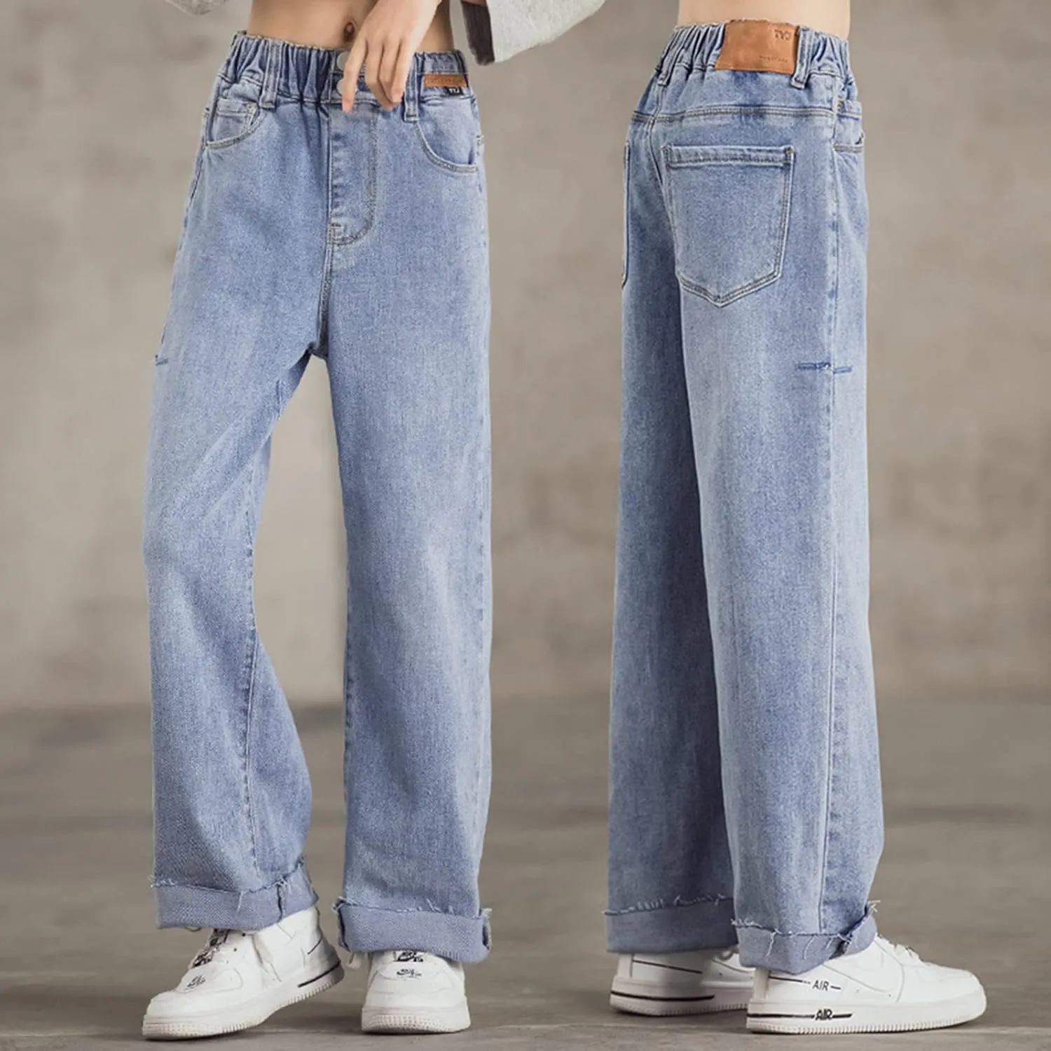 birbyrrly Girls Wide Leg Jeans Kids Baggy Elastic Waist Casual Denim Pants with Pockets