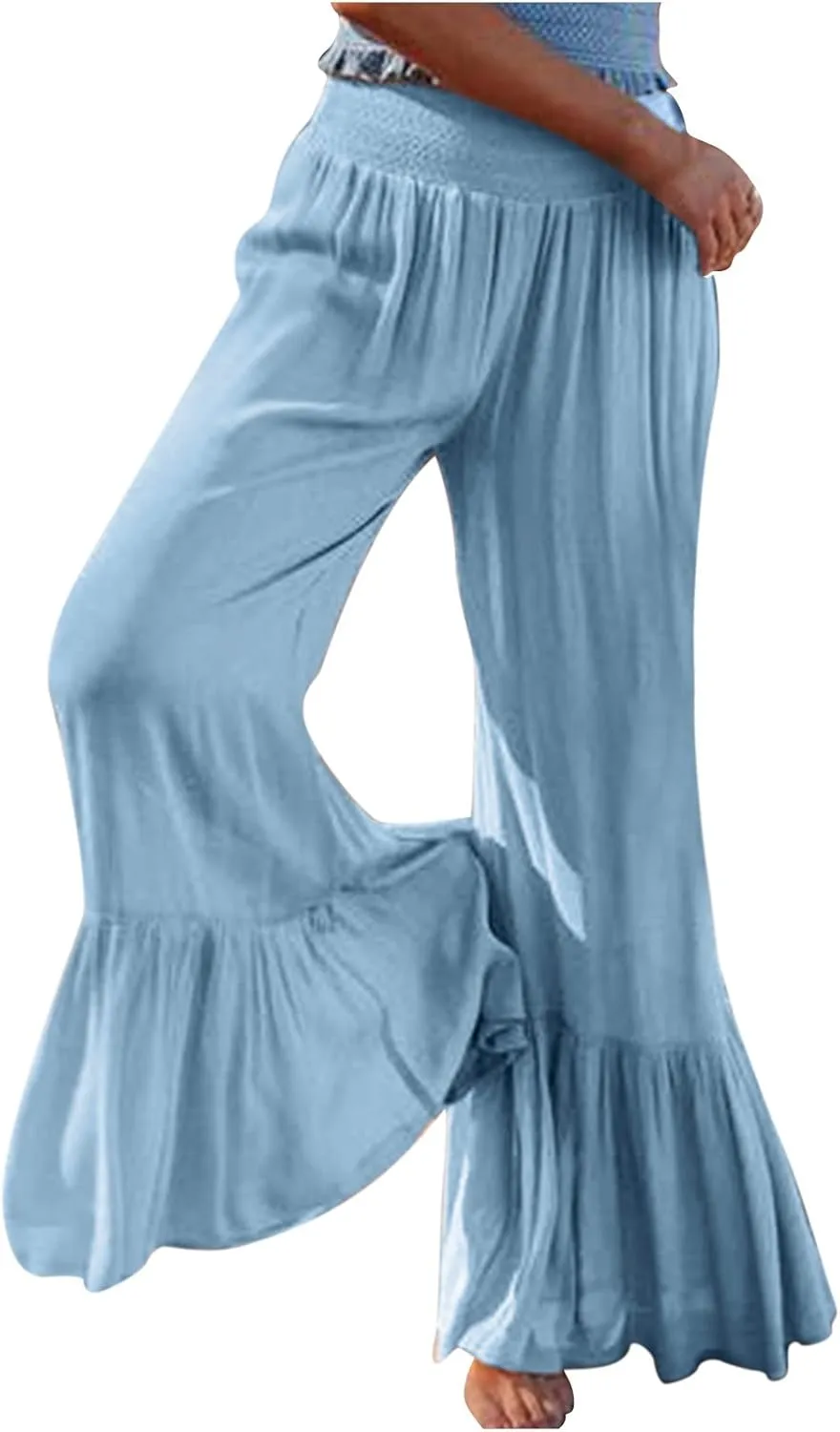 Boho Smocked High Waisted Pants for Women, Ruffle Hem Wide Leg Flowy Hippie Palazzo Pants Baggy Casual Beach Trousers