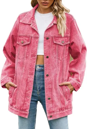 Boyfriend Denim Jacket for Women Oversized Jean Coat Casual Loose Long Sleeve Jean Jackets Distressed Outerwear