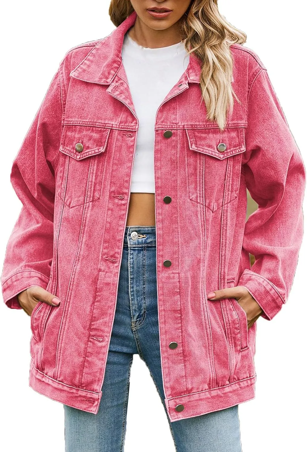 Boyfriend Denim Jacket for Women Oversized Jean Coat Casual Loose Long Sleeve Jean Jackets Distressed Outerwear