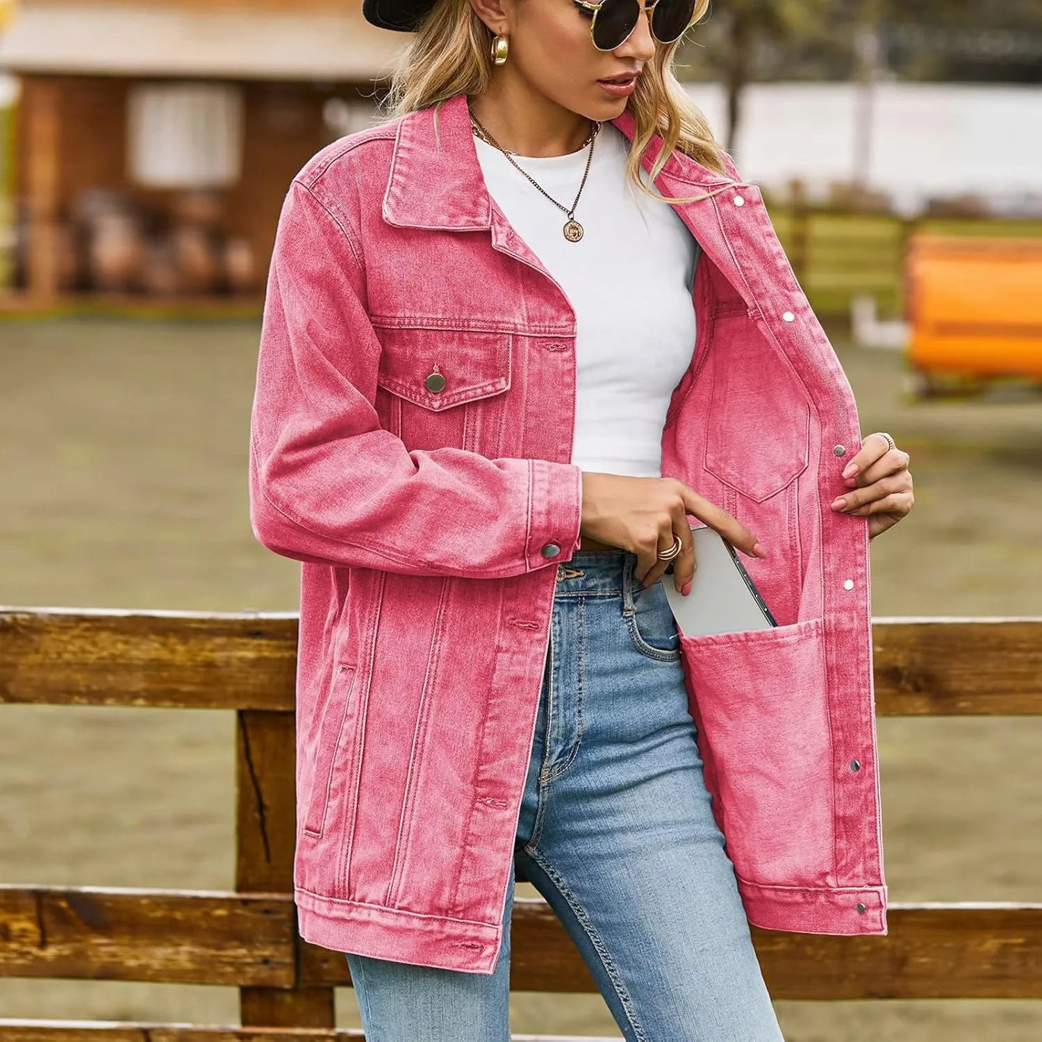 Boyfriend Denim Jacket for Women Oversized Jean Coat Casual Loose Long Sleeve Jean Jackets Distressed Outerwear