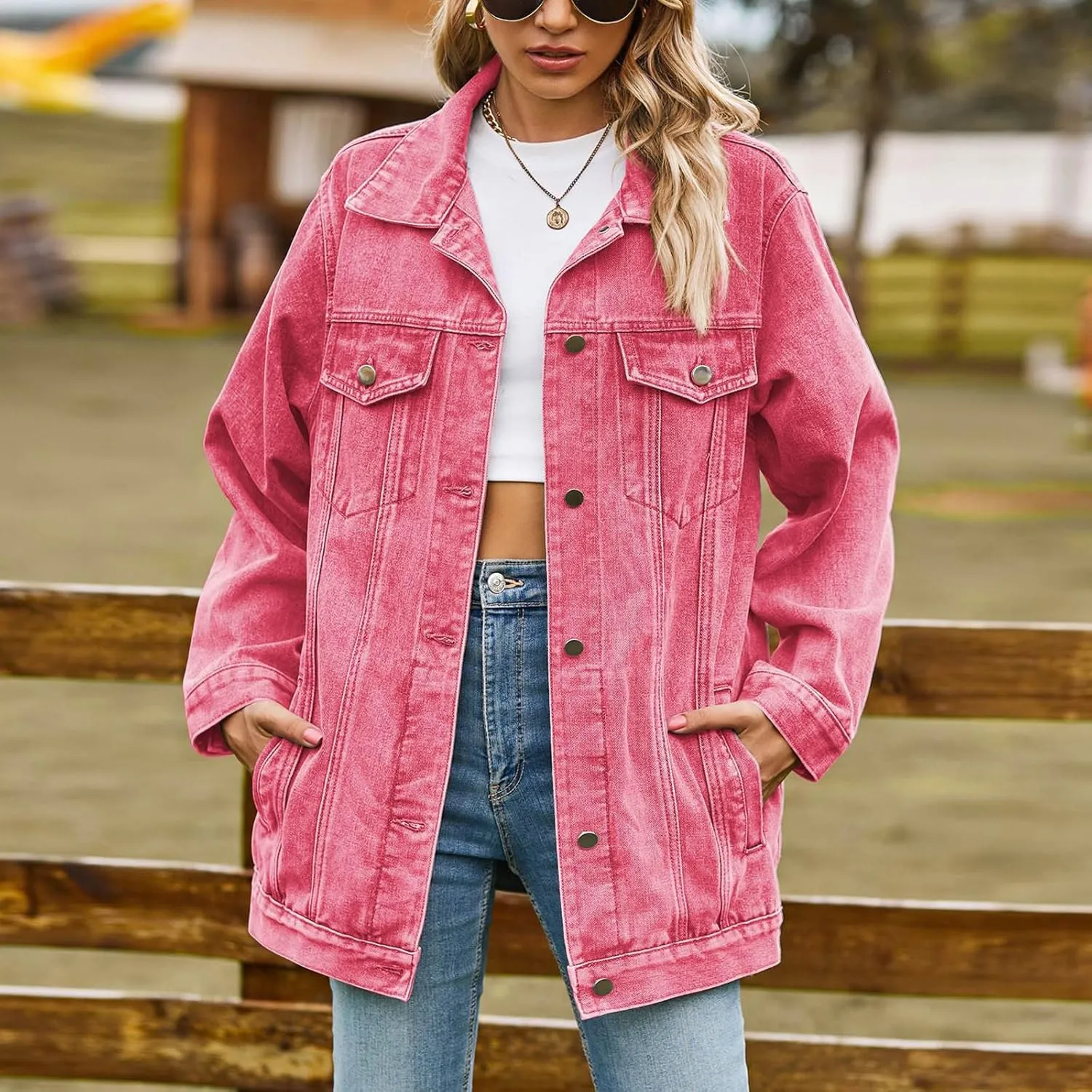Boyfriend Denim Jacket for Women Oversized Jean Coat Casual Loose Long Sleeve Jean Jackets Distressed Outerwear