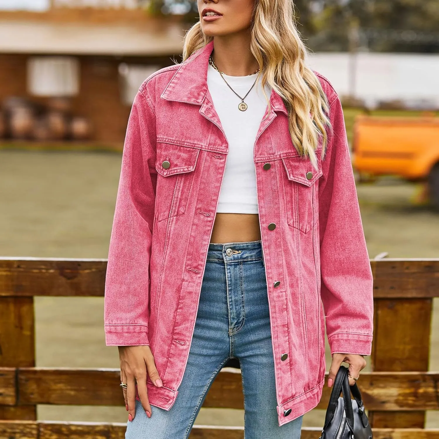 Boyfriend Denim Jacket for Women Oversized Jean Coat Casual Loose Long Sleeve Jean Jackets Distressed Outerwear