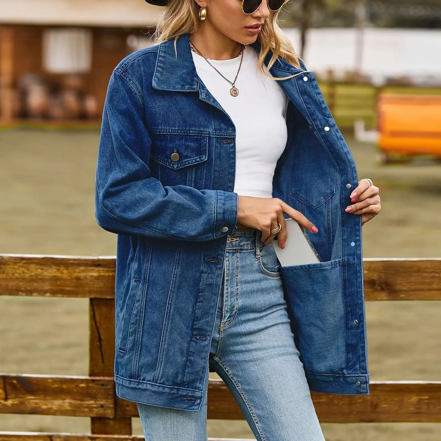 Boyfriend Denim Jacket for Women Oversized Jean Coat Casual Loose Long Sleeve Jean Jackets Distressed Outerwear