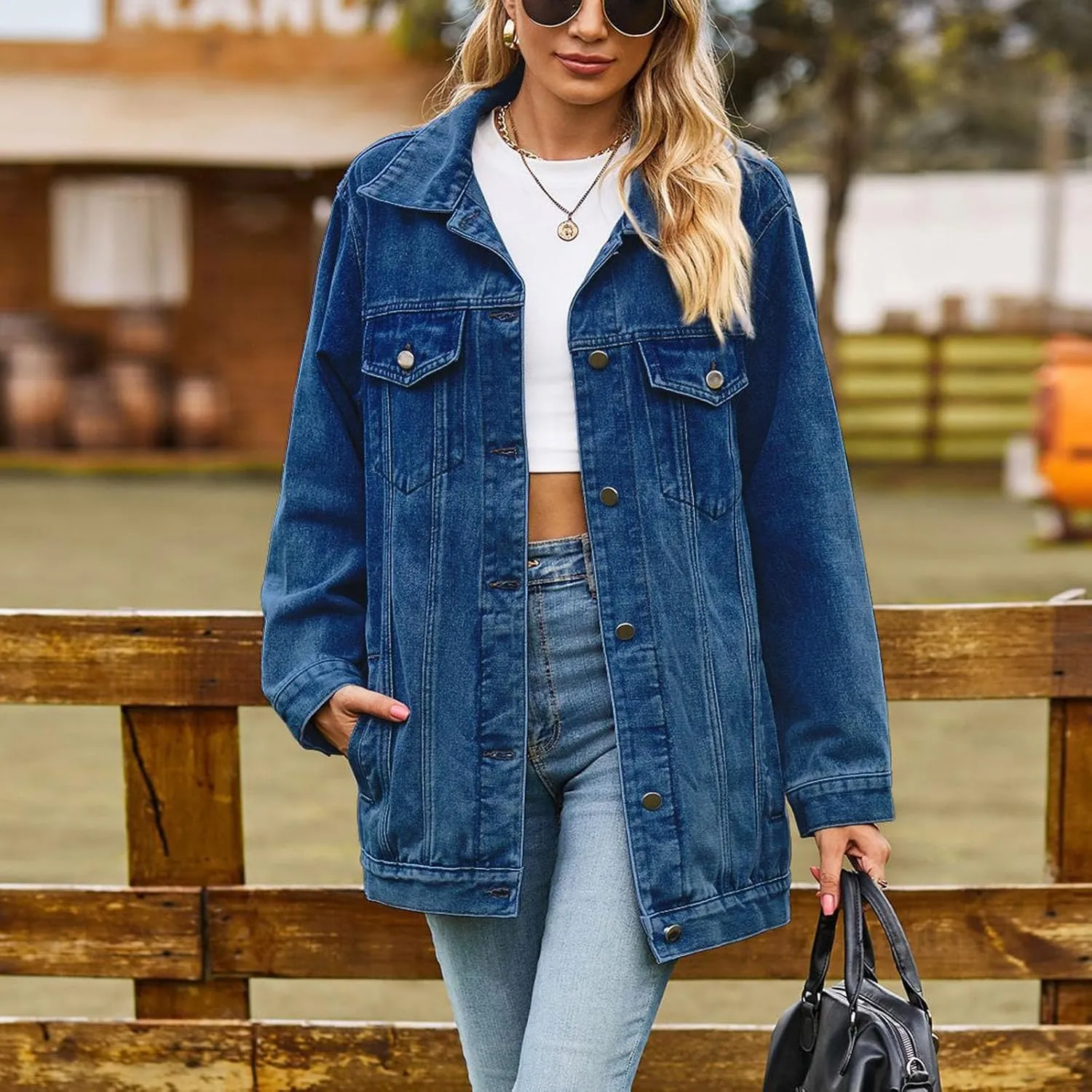 Boyfriend Denim Jacket for Women Oversized Jean Coat Casual Loose Long Sleeve Jean Jackets Distressed Outerwear