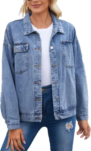 Boyfriend Denim Jacket for Women Oversized Jean Coat Casual Loose Long Sleeve Jean Jackets Distressed Outerwear