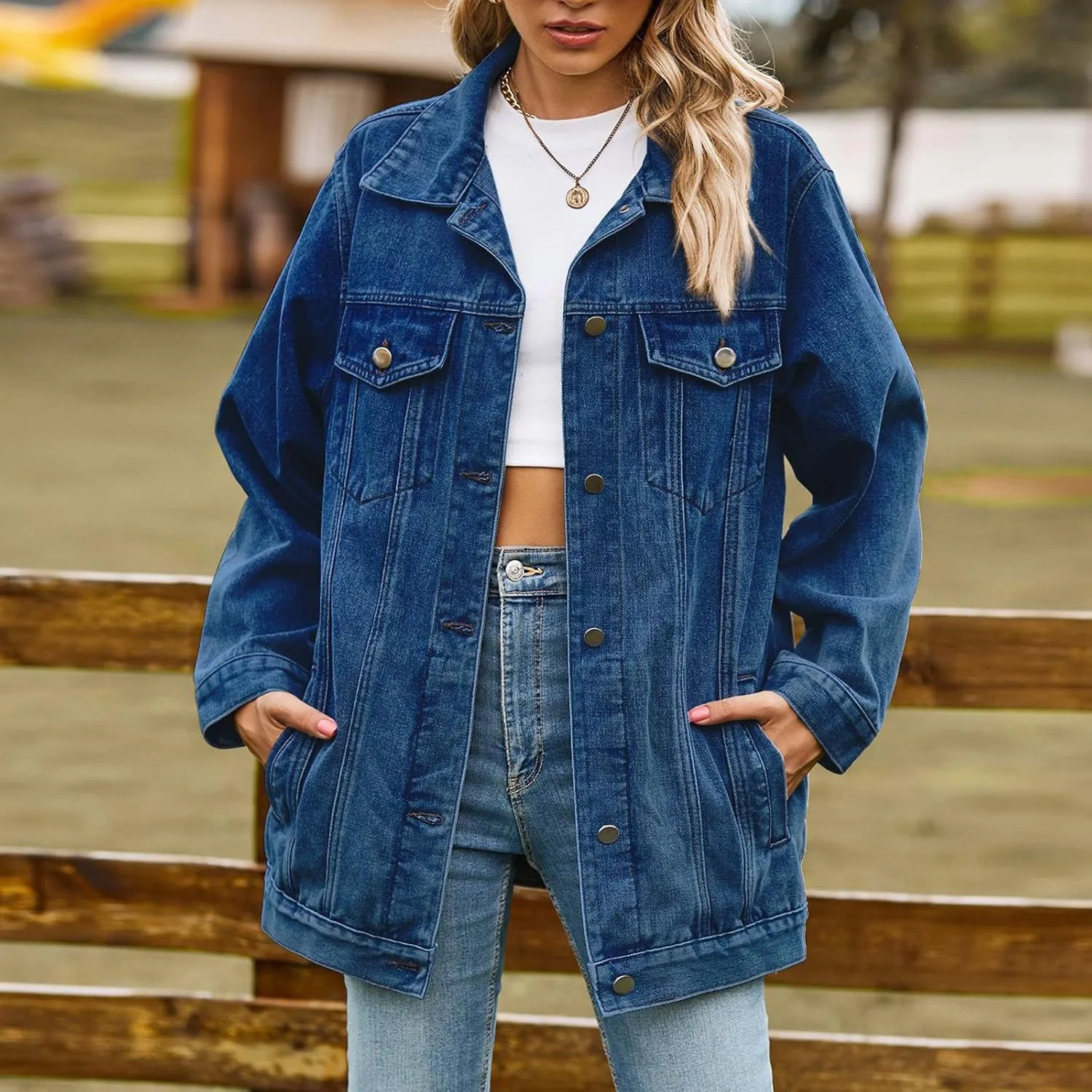 Boyfriend Denim Jacket for Women Oversized Jean Coat Casual Loose Long Sleeve Jean Jackets Distressed Outerwear