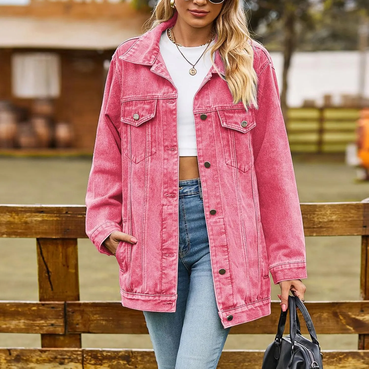 Boyfriend Denim Jacket for Women Oversized Jean Coat Casual Loose Long Sleeve Jean Jackets Distressed Outerwear