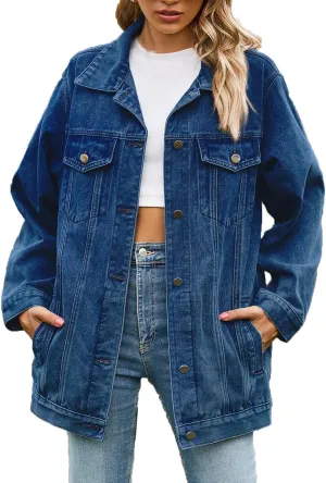 Boyfriend Denim Jacket for Women Oversized Jean Coat Casual Loose Long Sleeve Jean Jackets Distressed Outerwear