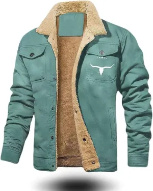 Bullhorn Mens Fleece Jacket, Western Cowboy Jacket Retro Western Jacket, Fleece-Lined Cotton Casual Jacket