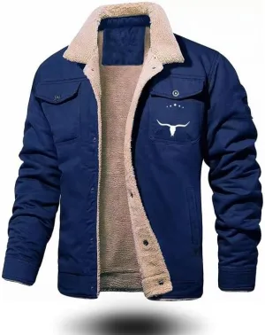 Bullhorn Mens Fleece Jacket, Western Cowboy Jacket Retro Western Jacket, Fleece-Lined Cotton Casual Jacket