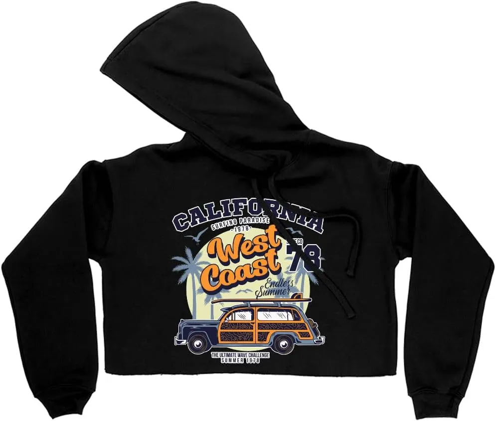 California Women's Cropped Fleece Hoodie - Surfing Cropped Hoodie for Women - Graphic Hooded Sweatshirt